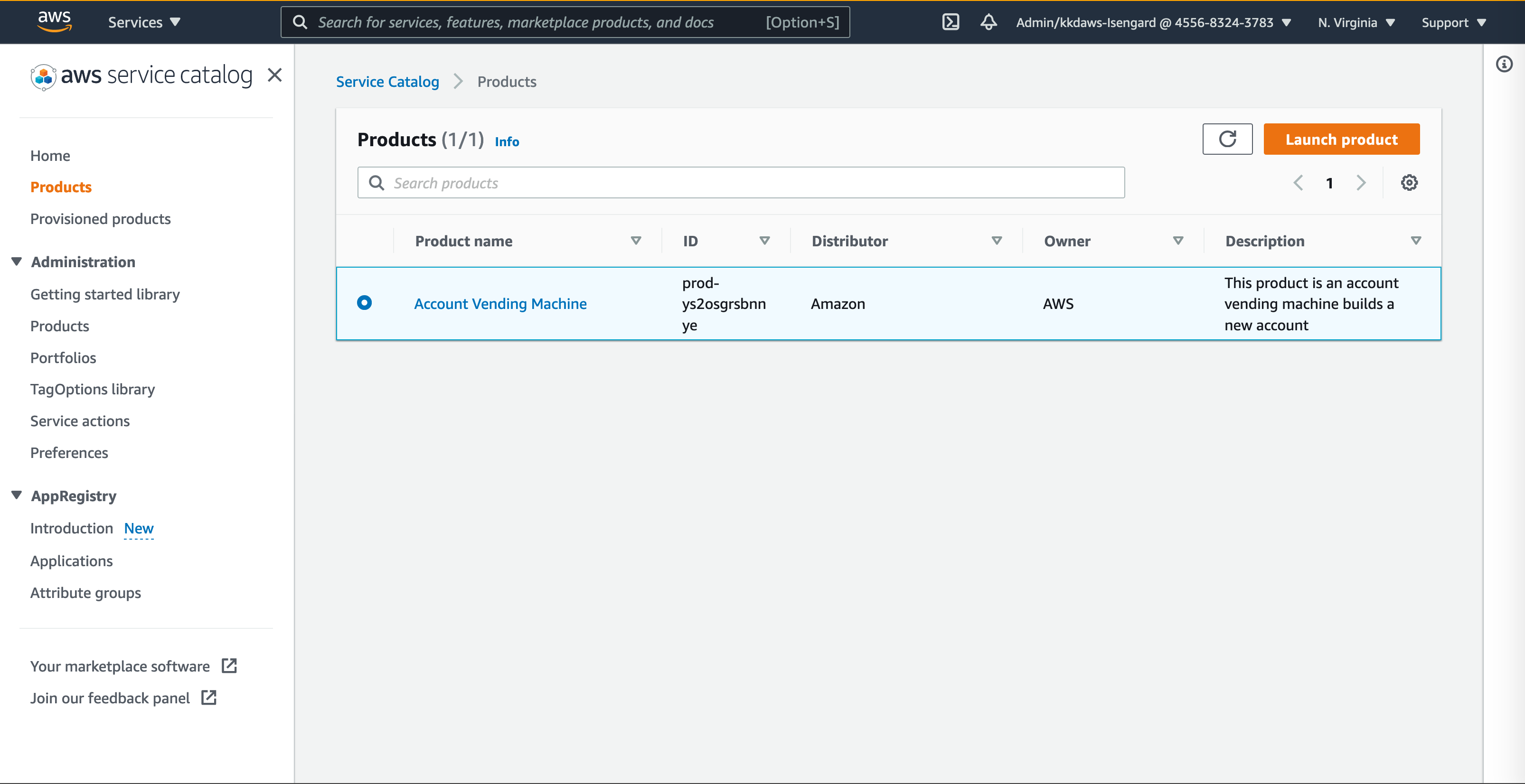 AWS Service Catalog console showing the “Account Vending Machine” Product.