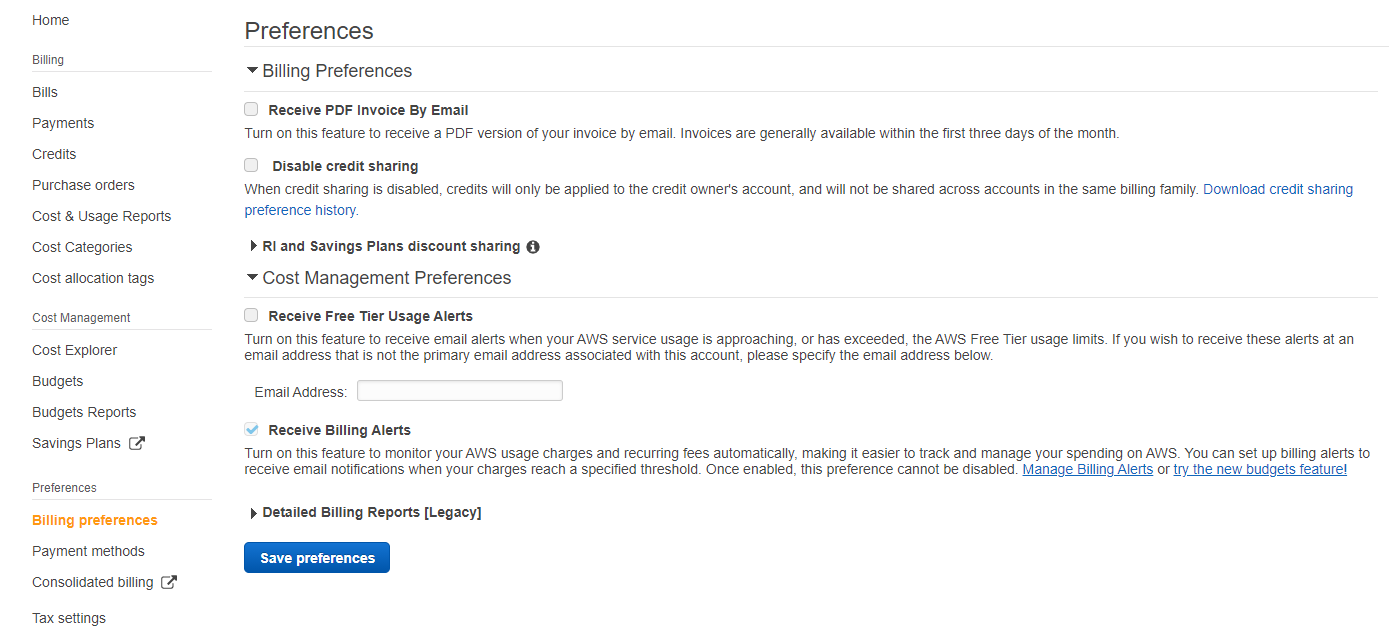 On the Preferences page, select the checkbox for Receive Billing Alerts, and then click Save preferences.