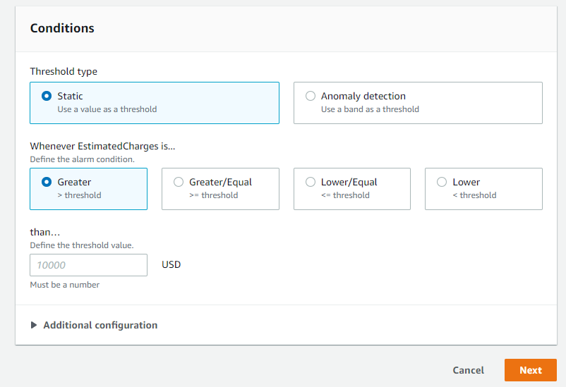 On the next page, under Conditions define the threshold, in USD, you want this alarm to monitor and alert if Estimated Charges exceed the threshold, then click Next. I want to be alerted when my estimated charges are greater than 1,000 USD, so that is what I’ll set my threshold to be.