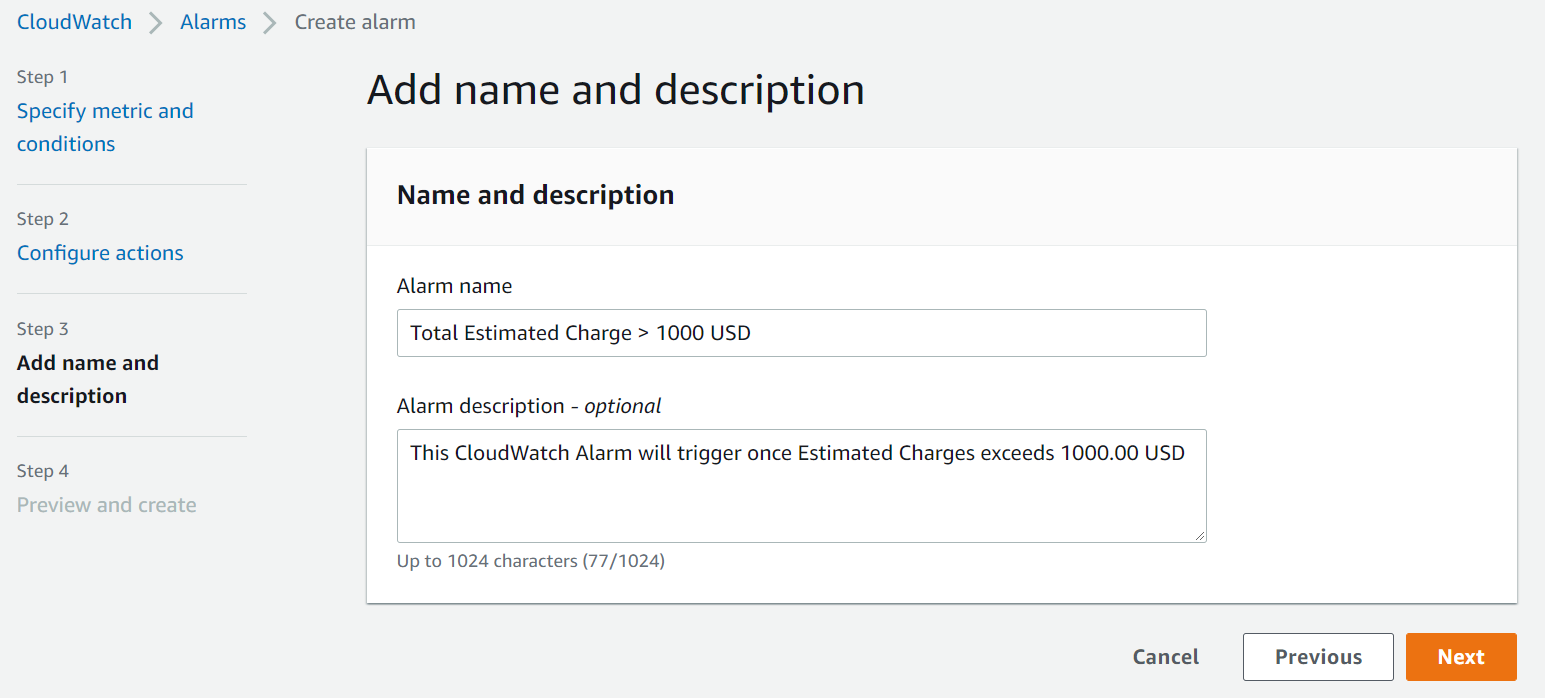 Under Add name and description, provide a unique name for the alarm and a description (optional), then click Next.