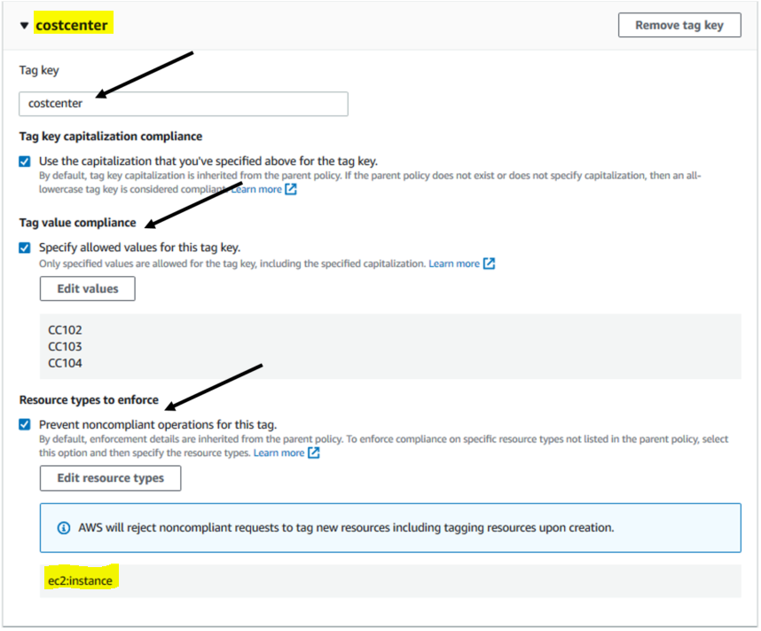 A tag policy with the tag key costcenter and allowed tag values.