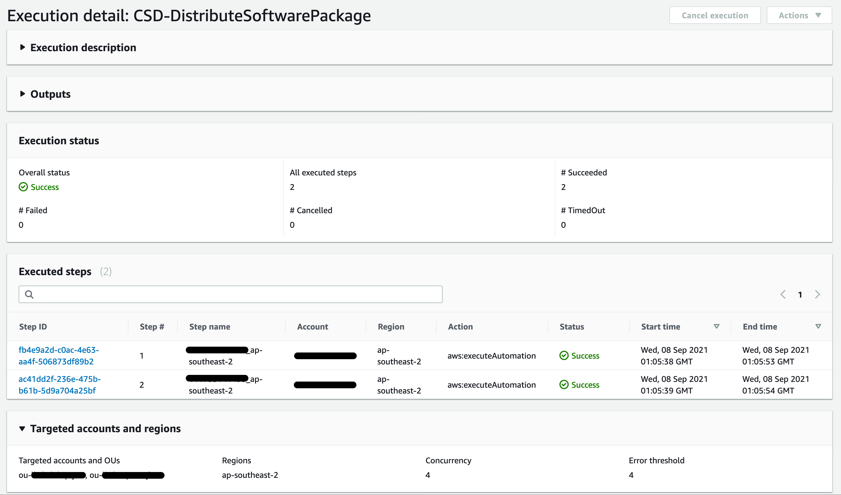  On the Execution detail page for the CSD-DistributeSoftwarePackage, there are sections for execution description, outputs, status, and executed steps.