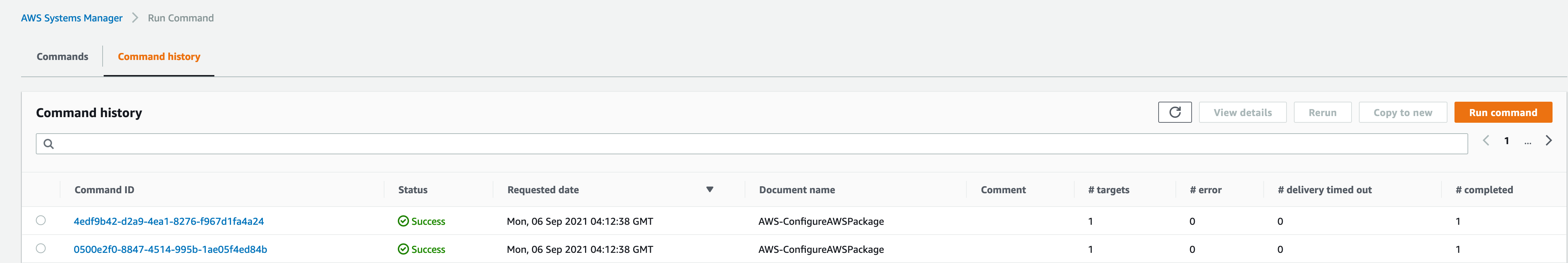 In the Command history tab for Run Command, there is a list of every command executed, along with their ID, status, requested date, document name, targets, error, and completed.