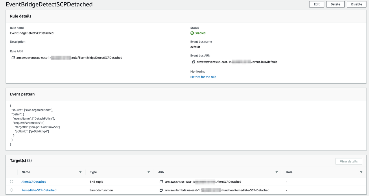 A rule in EventBridge will be created with the event pattern looking for that specific SCP and OU, Account, or Organization, and the targets will be our SCP and a remediation Lambda.