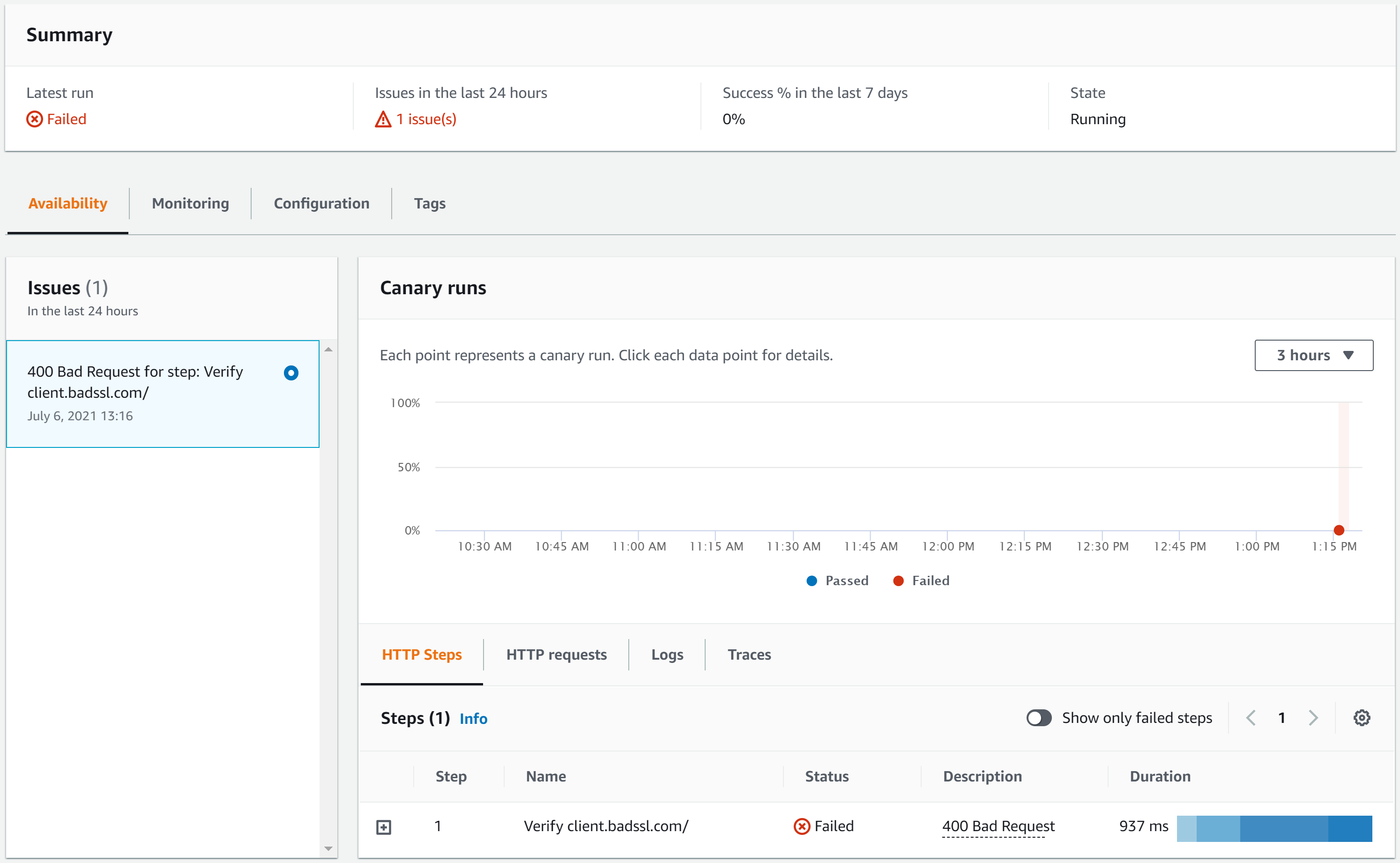 Report summary shows 1 issue. Step 1 with the name "Verify-client.badssl.com/" status "failed" and description of "400 Bad Request"