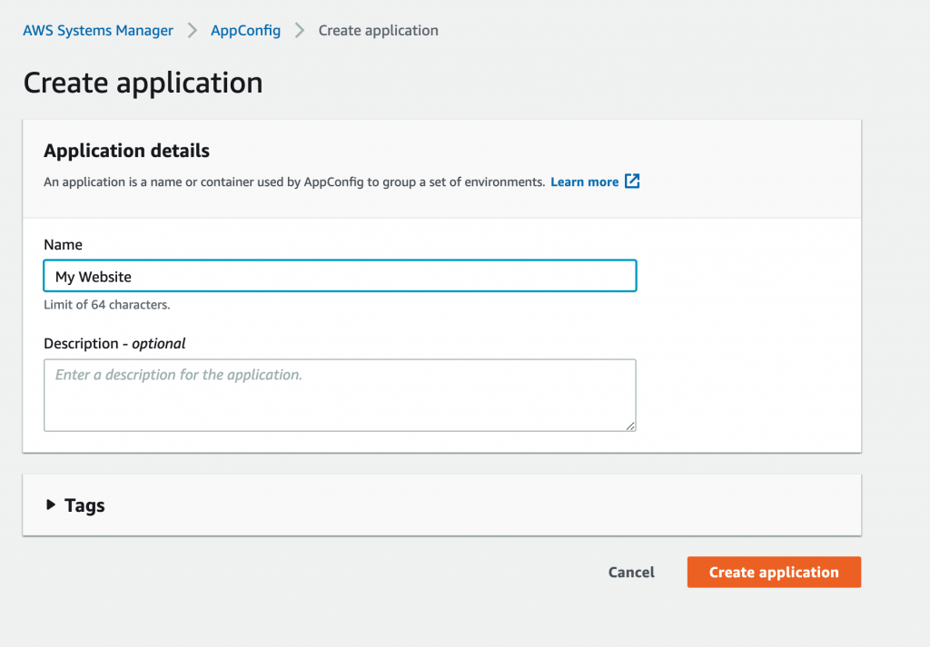 Enter name of the application and then click Create application