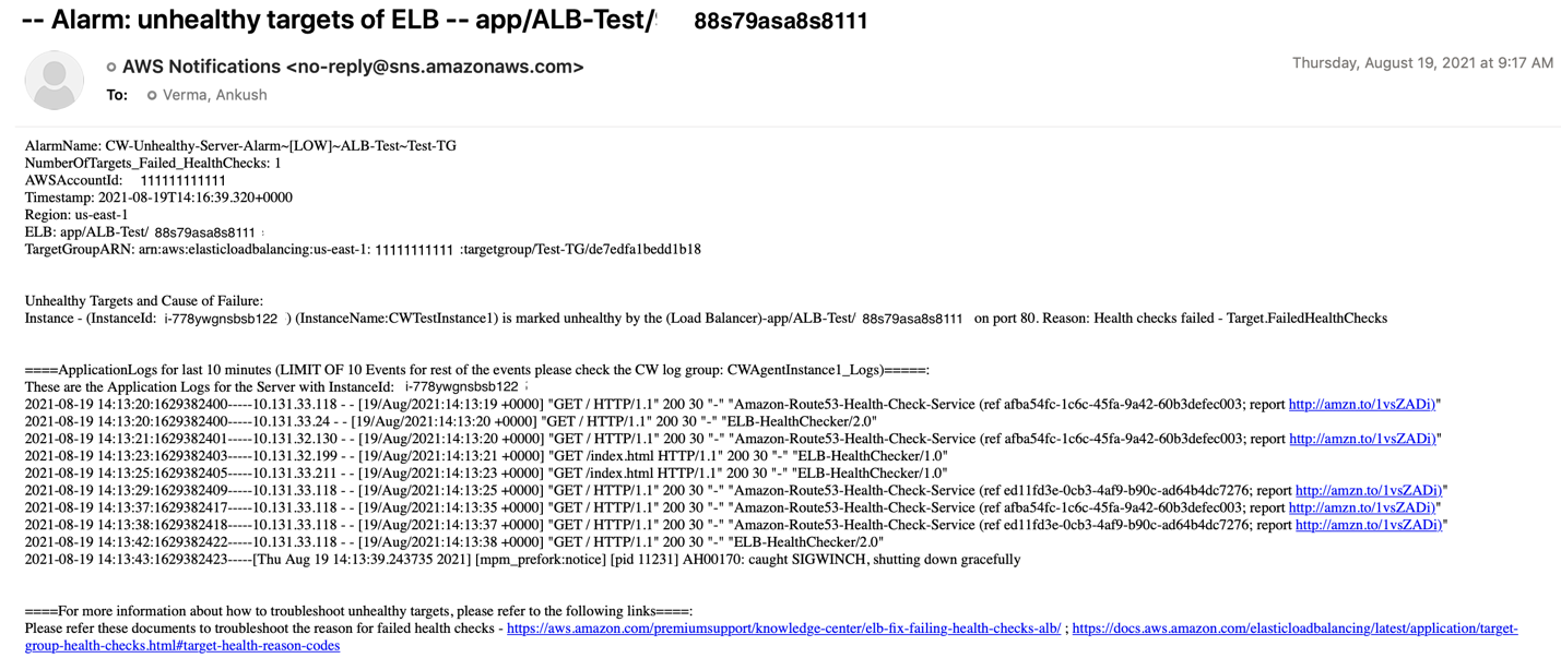 Sample email notification that is sent to the subscribed email address once one or more targets are marked unhealthy by the load balancer.