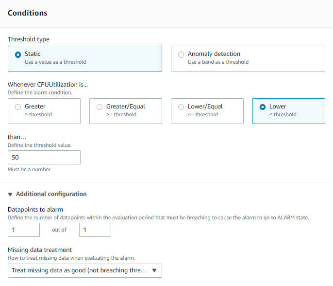 Conditions set to a Static threshold of lower than 50%.