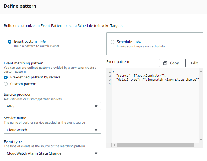 EventBridge rule configuration for a predefined pattern for CloudWatch Alarm State Change 