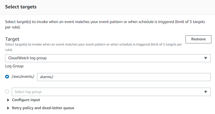 A target of CloudWatch log group /aws/events/alarms/.
