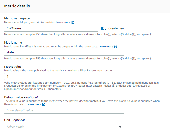 Metric filter configuration for a filter detecting ALARM state, for metric named state in a namespace of CWAlarms. The metric value is 1 and has a dimension for alarmName. 