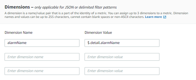 Define dimensions, enter Dimension name and Dimension value.