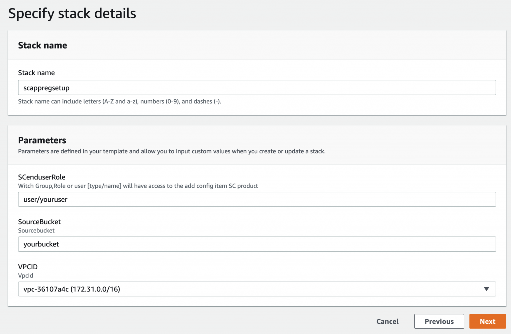 The administrator fills out the inputs to deploy the setup CloudFormation stack