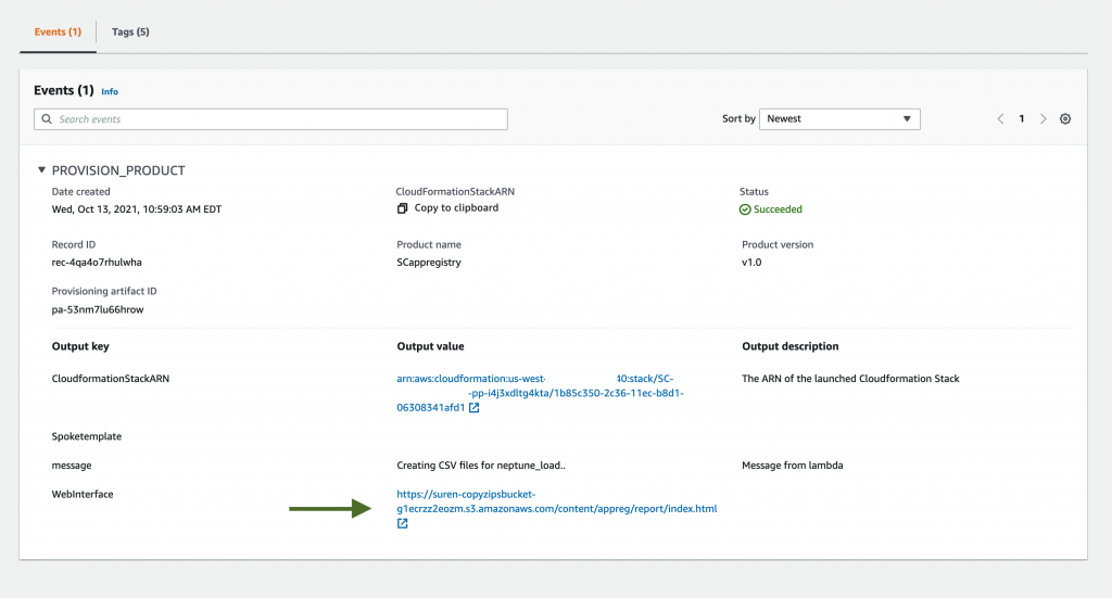 The output from the provisioned product is displayed, with a link to view the webinterface.