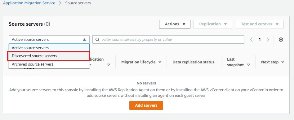 MGN console showing how to select "Discovered source servers" from the drop down