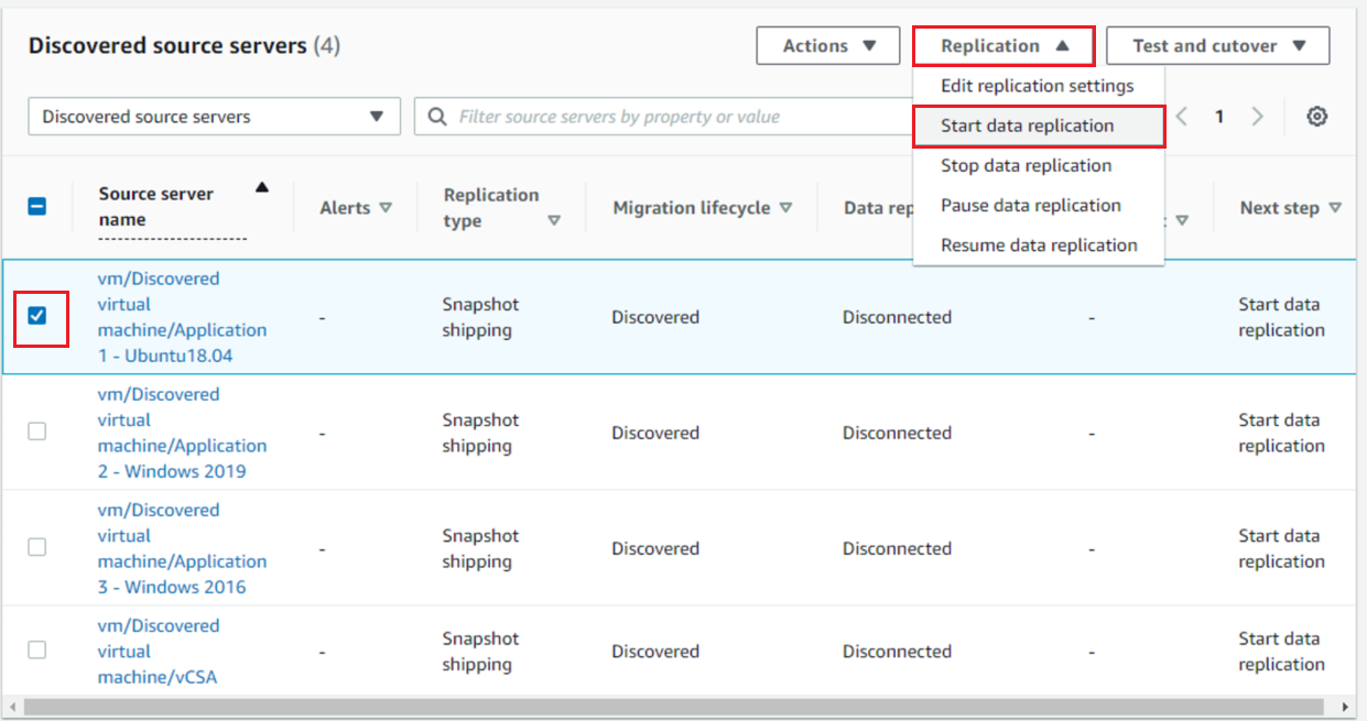 MGN console showing how to start replication for a selected source VM