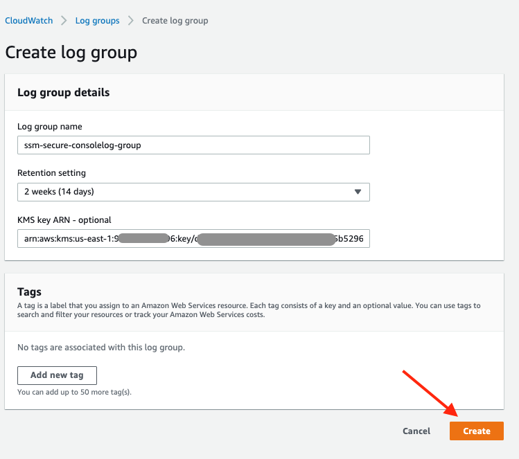 Specifying the log group name as ssm-secure-consolelog-group, retention period of 14 days, and KMS key ARN with create button highlighted