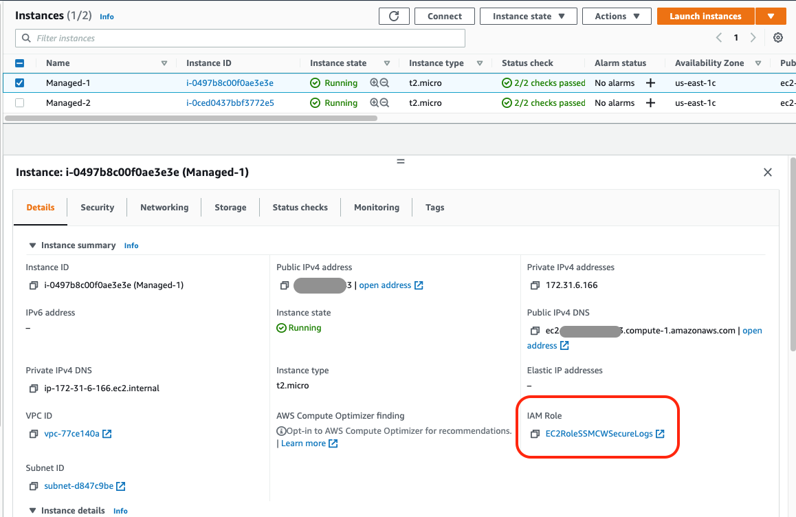 EC2 instance details screen with IAM Role section having “EC2RoleSSMCWSecureLogs” highlighted