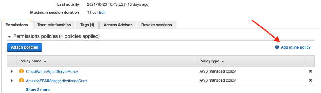 IAM Role details page of “EC2RoleSSMCWSecureLogs” with “Add inline policy” link highlighted