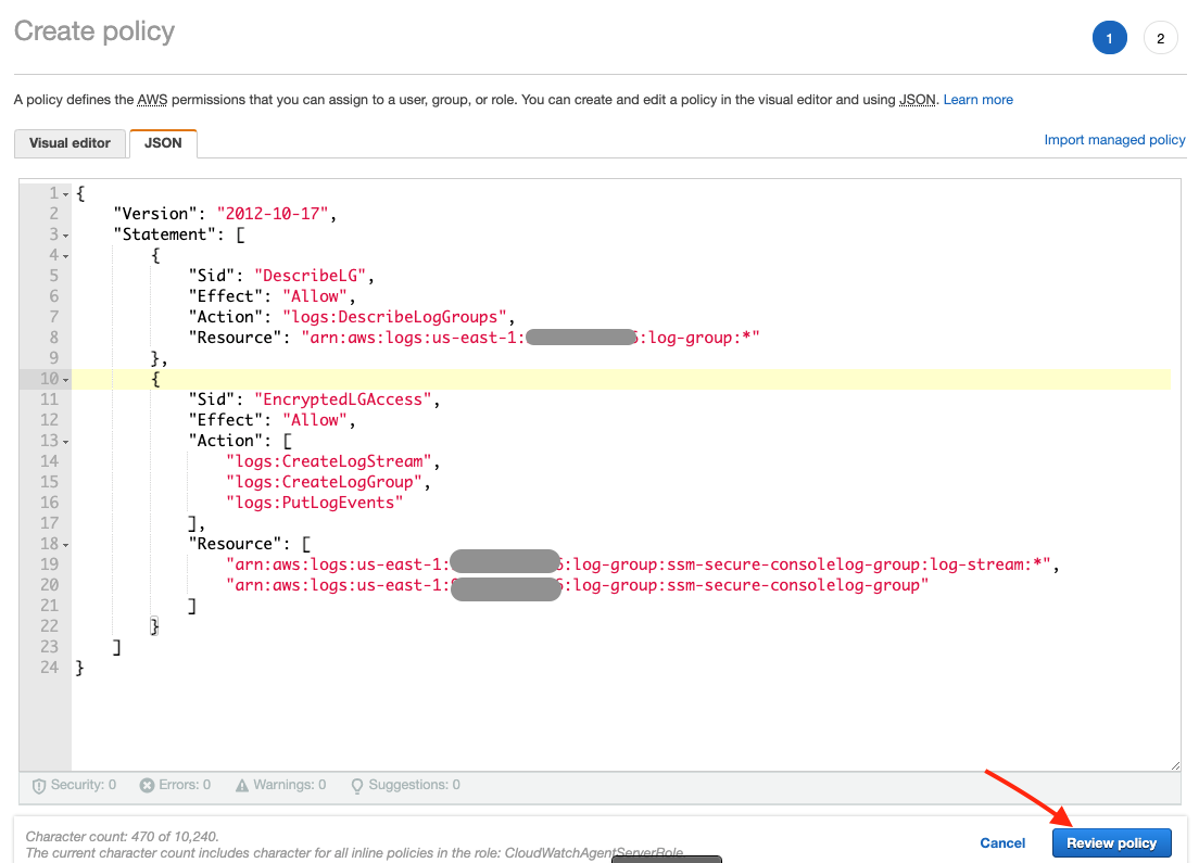  Step 1 of create inline policy with policy text added to the editor and review policy button highlighted