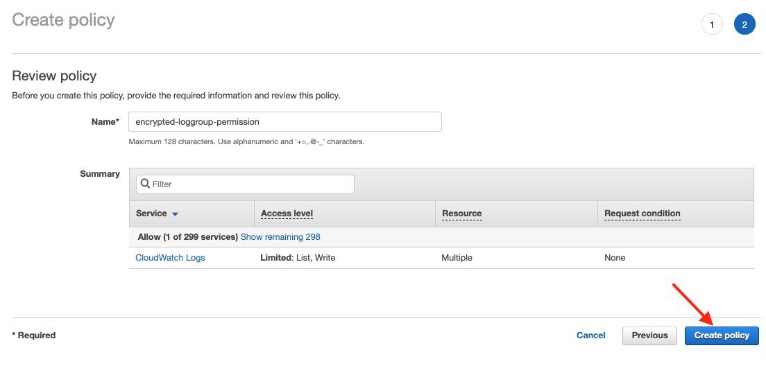 Step 2 of creating inline policy with inline policy name specified and create policy button highlighted