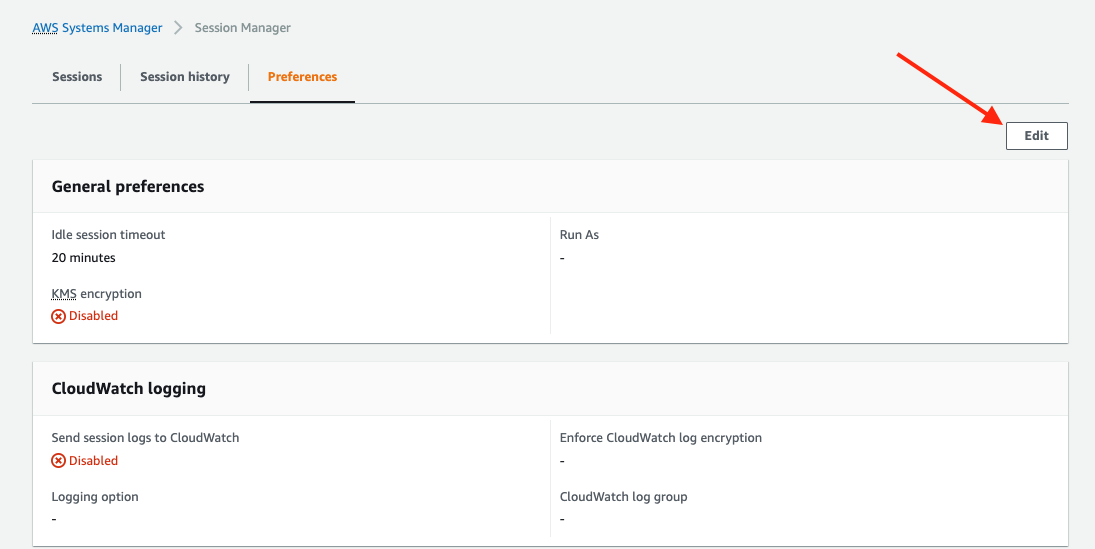 Screen showing AWS SSM Session Manager preference with KMS encryption and CloudWatch logging as disabled. The edit button is highlighted