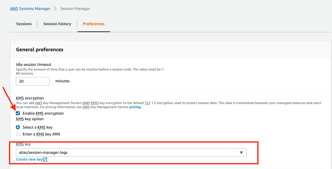 AWS SSM Session Manager preference screen in edit mode with KMS encryption enabled highlighted and KMS key alias selected from the drop down menu