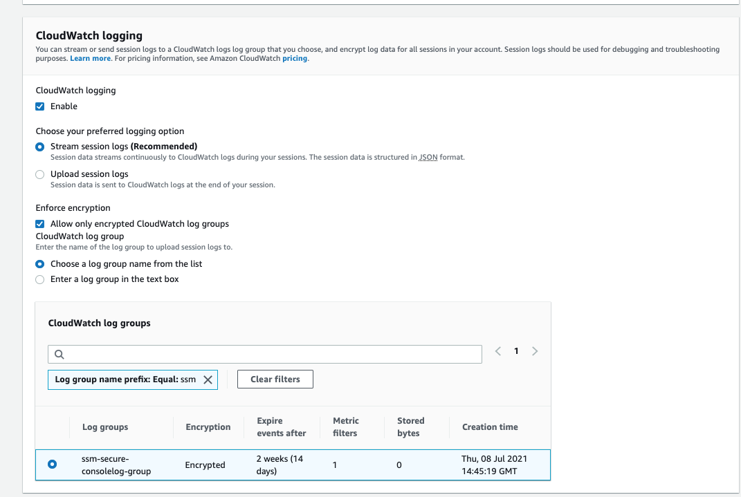 AWS SSM Session Manager preference screen in edit mode with CloudWatch logging option enabled and ssm-secure-consolelog-group selected from the CloudWatch log groups
