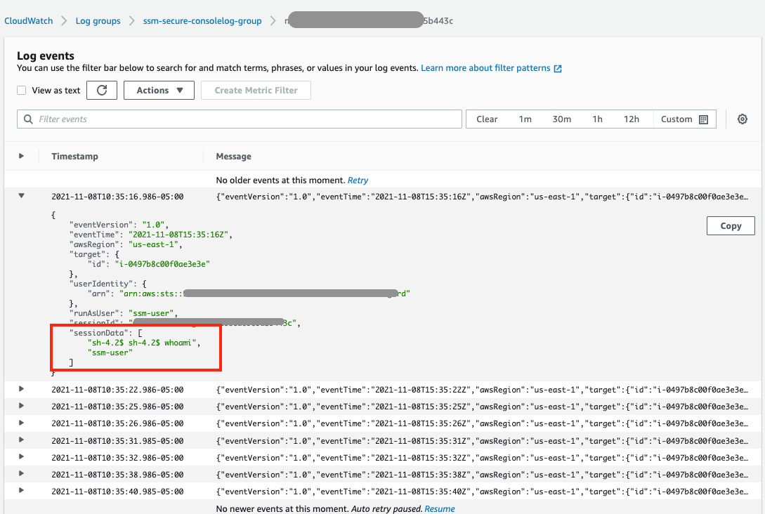 CloudWatch ssm-secure-consolelog-group view showing session manager logs. Session data section of log showing command executed on EC2 is highlighted