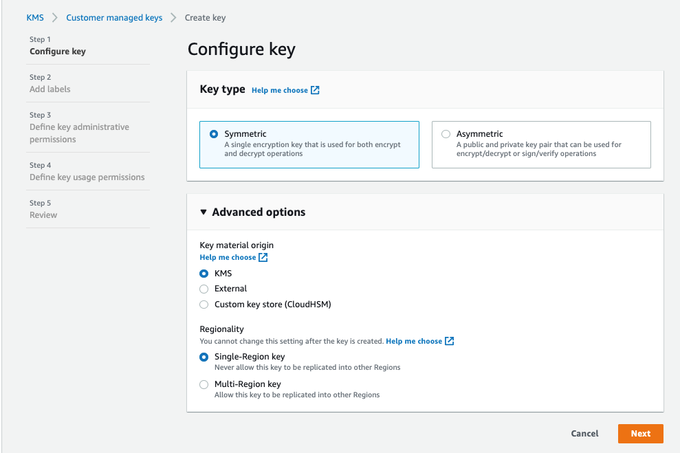 Configure options of CMK creation showing symmetric key selected, KMS as key material origin, and Single region key selected as regionality