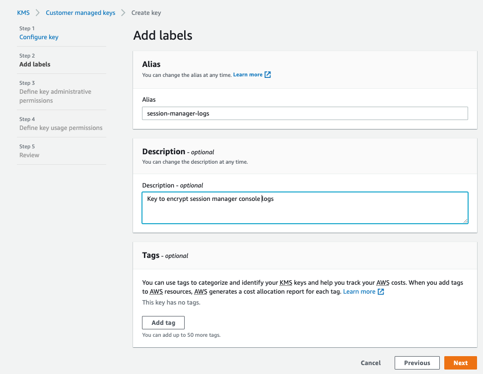 Specifying key alias and description as part of Step 2 of CMK creation