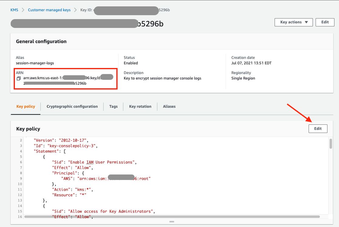 Highlighted in the box, ARN for the key under general configuration section and edit button for key policy