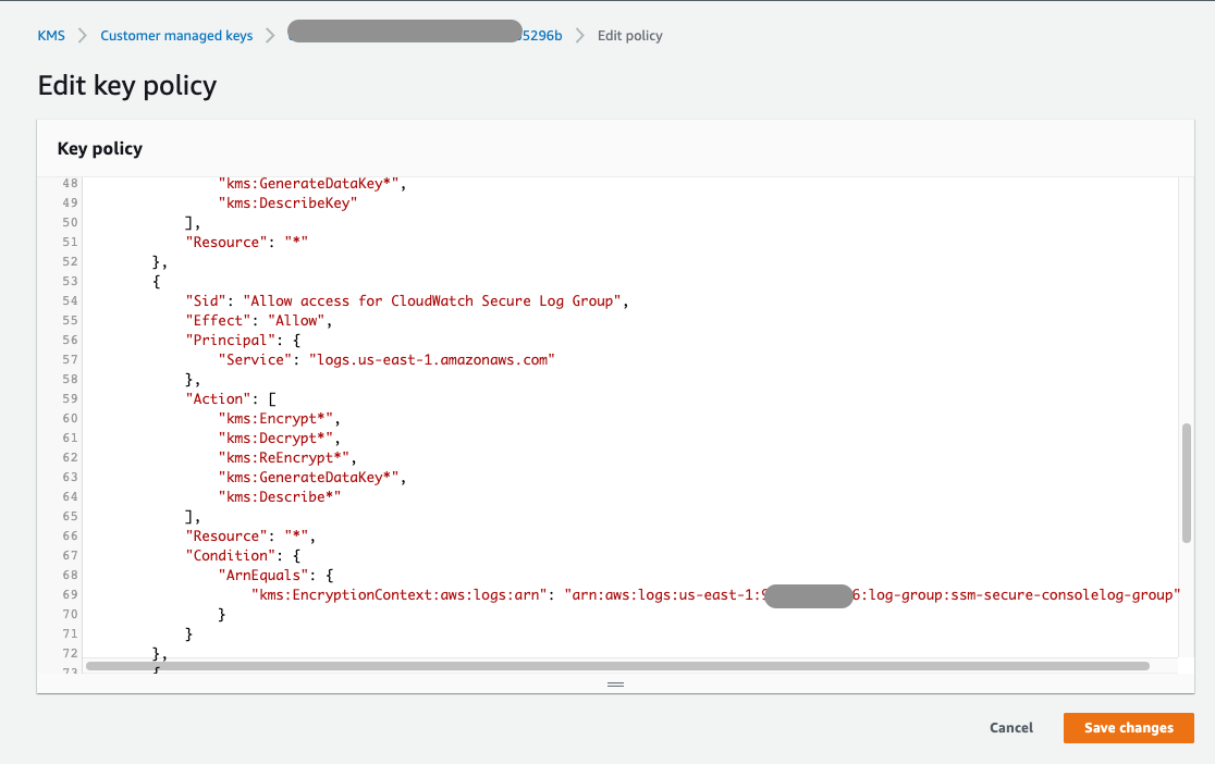 Screen showing key policy in edit mode and section to allow access for CloudWatch secure log group named “ssm-secure-consolelog-group” added