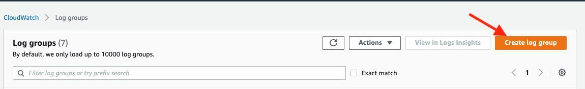 Create log group screen under CloudWatch with “Create log group” button highlighted