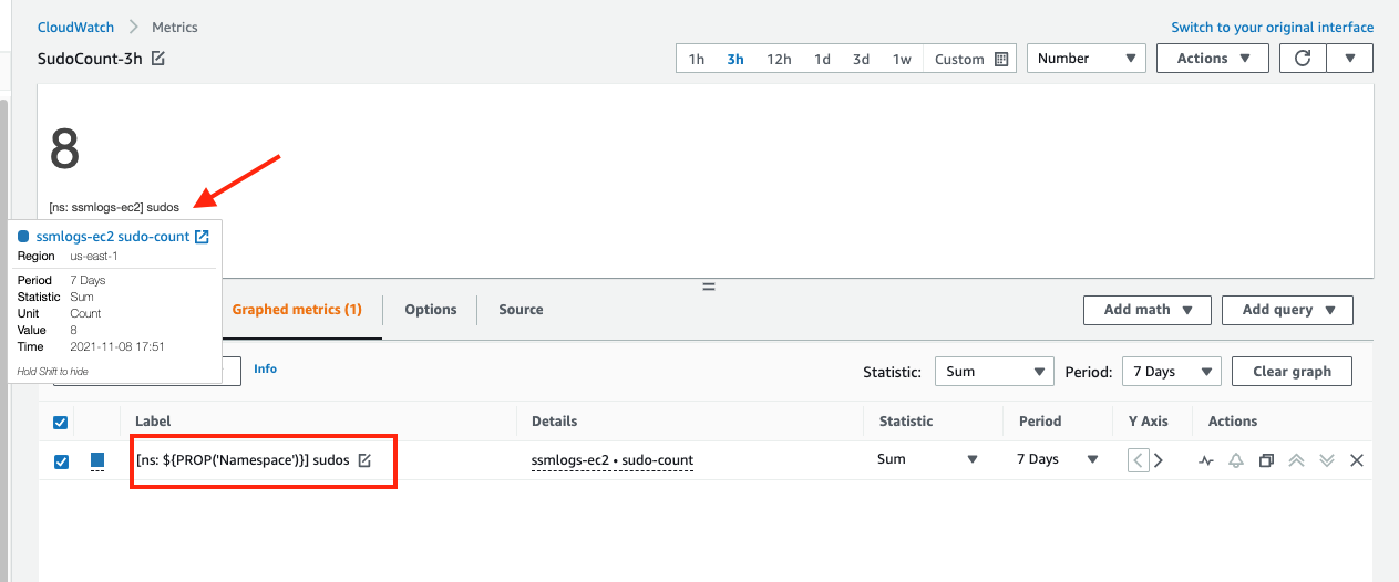 Screen showing the metric value with details displayed as a pop-up. Highlighted is the Label name configuration to add the name space to the metric label.