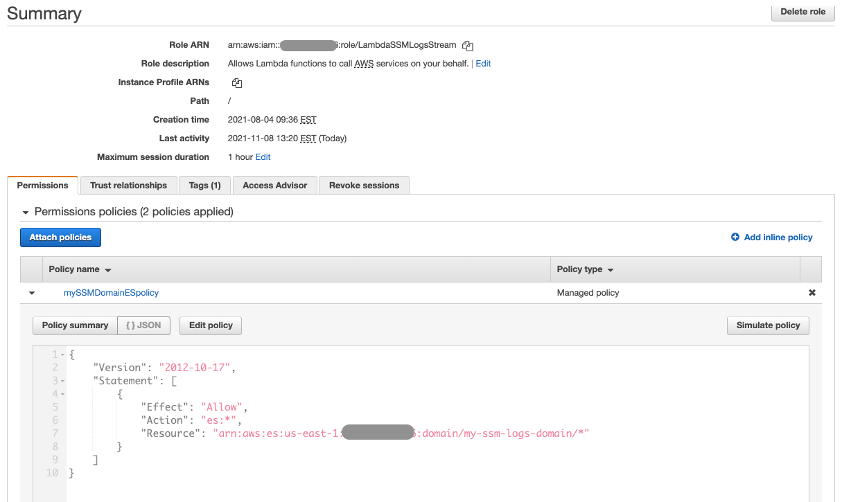 Screen showing that the LambdaSSMlogStream role has mySSMDomainESpolicy attached to the role.