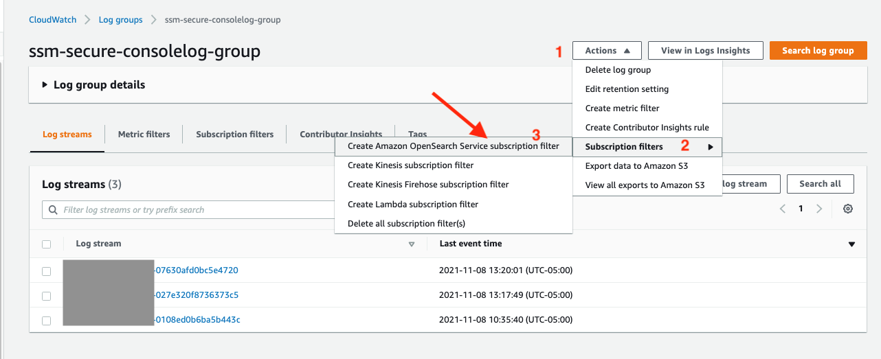 Select Actions menu after selecting the log group, under actions menu- labelled 1 subscriptions filter -labelled 2 is selected, and as submenu Create Amazon Opensearch Service subscription filter-labelled 3 is selected.