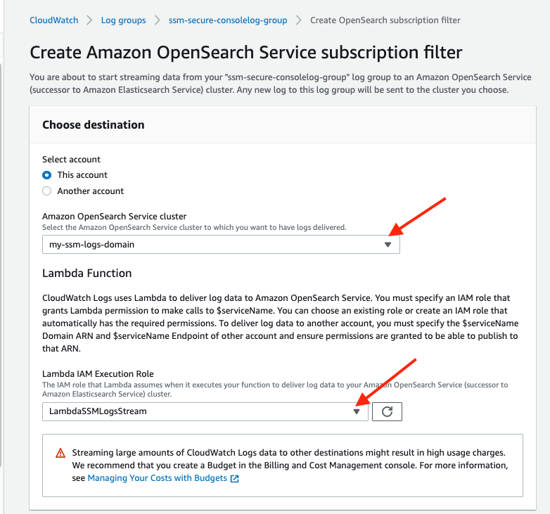 Subscription filter create options, highlighted is the Opensearch service cluster from the drop-down menu, and the LambdaSSMLogsStream role from Lambda IAM Execution role drop-down menu.