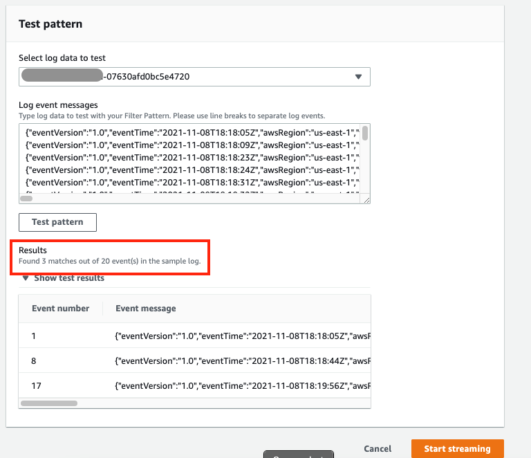Screen showing the selecting of an event source and testing of the filter pattern that was specified. Highlighted is the result count that matches the pattern.