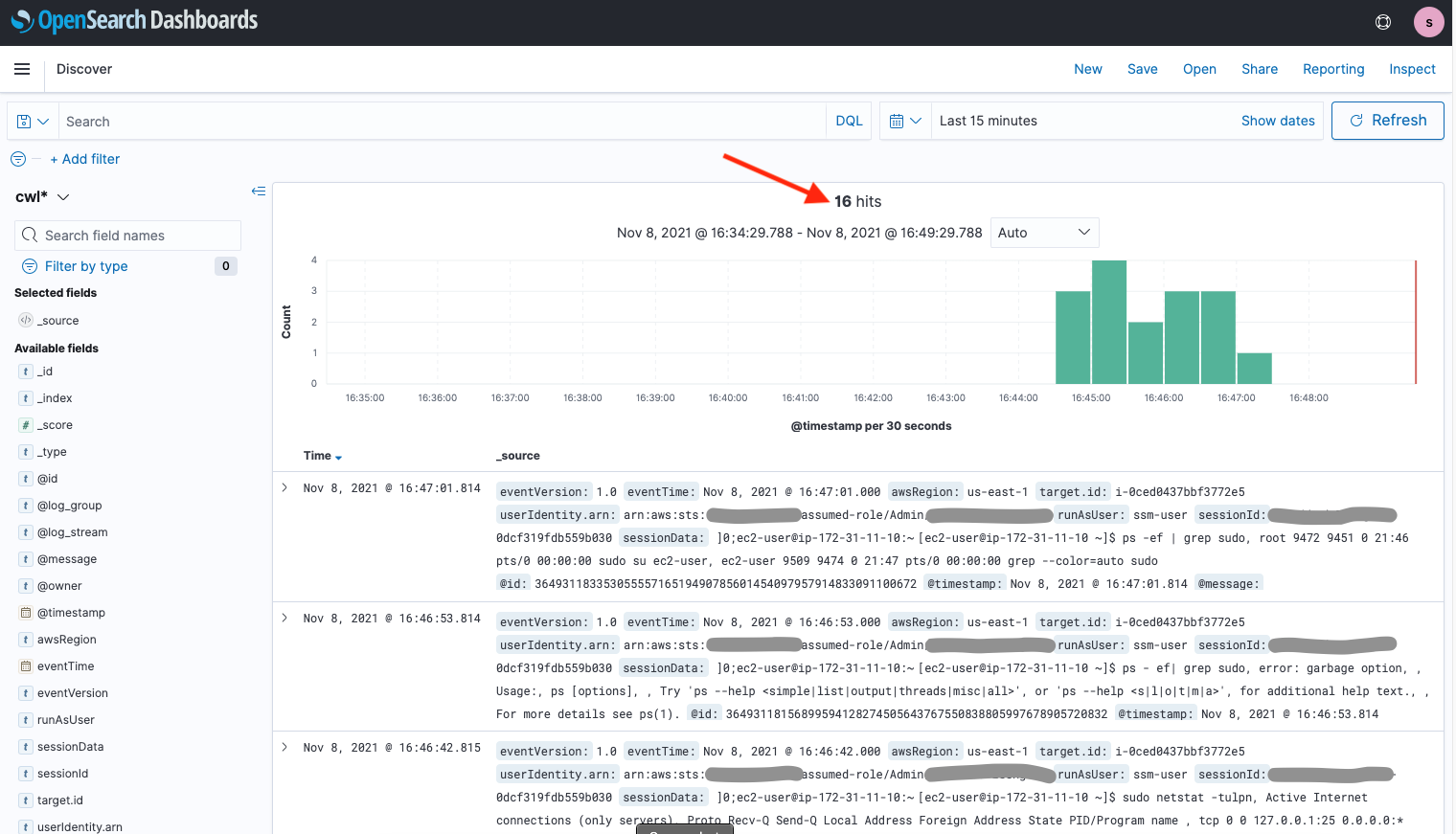 Opensearch dashboard showing the Session Manager log data and highlighting the number of hits for the sudo command.