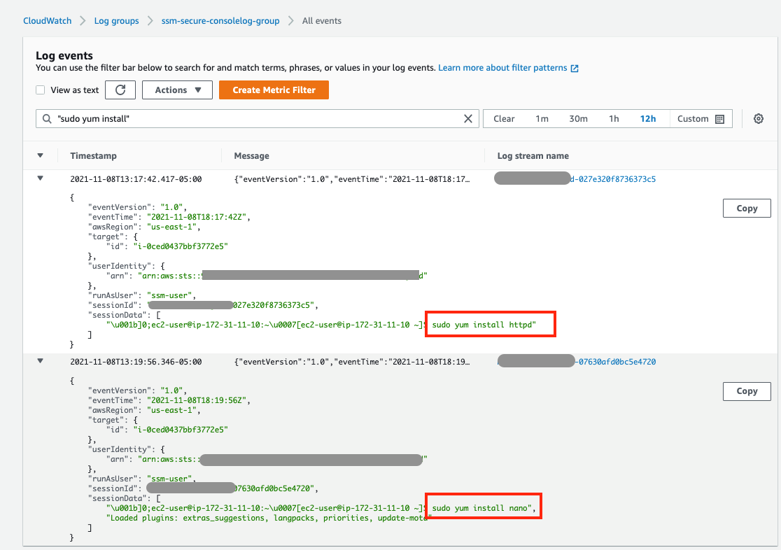 The result of the search for “sudo yum install” in CloudWatch log events. The result is expanded and the commands that match the search text highlighted.