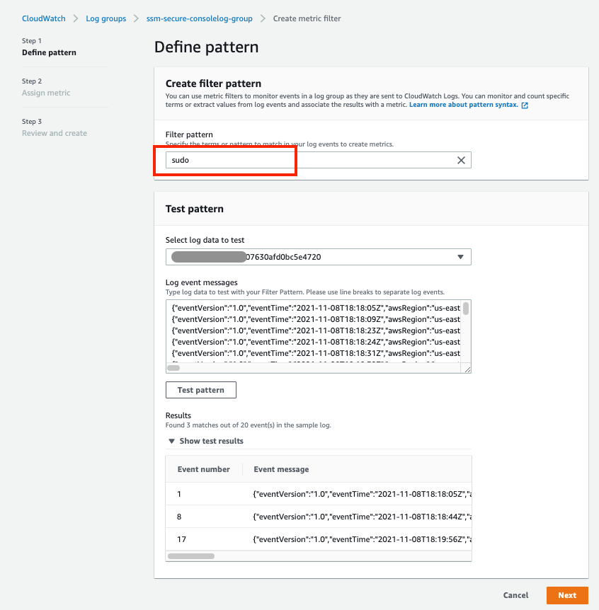 Text “sudo” entered in the filter pattern and highlighted. Test of pattern done by an existing log data and results shown.