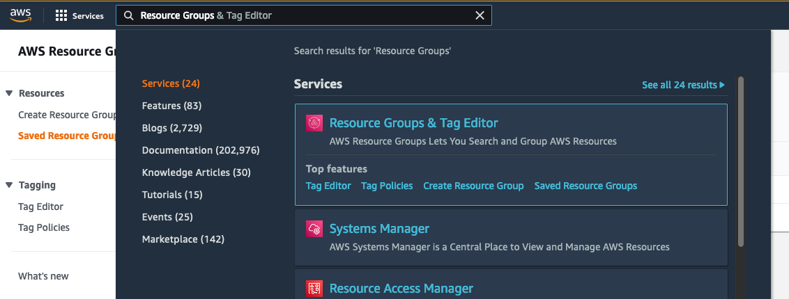 In AWS console, search for service called “Resource Groups & Tag Editor”