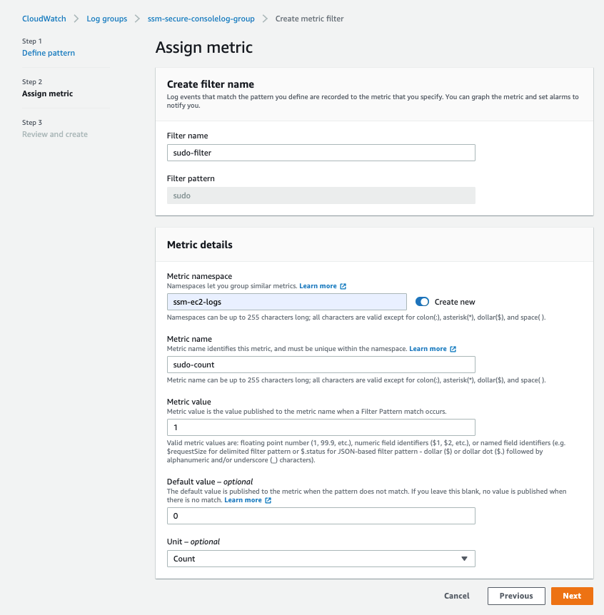 Step 2 assigns metric with a metric name and the metric details shows the namespace, metric value, and unit assignment.