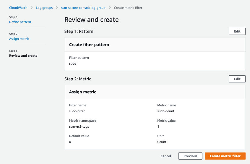 Step 3 of create metric shows summary of values provided in the previous screen and a create metric filter button.