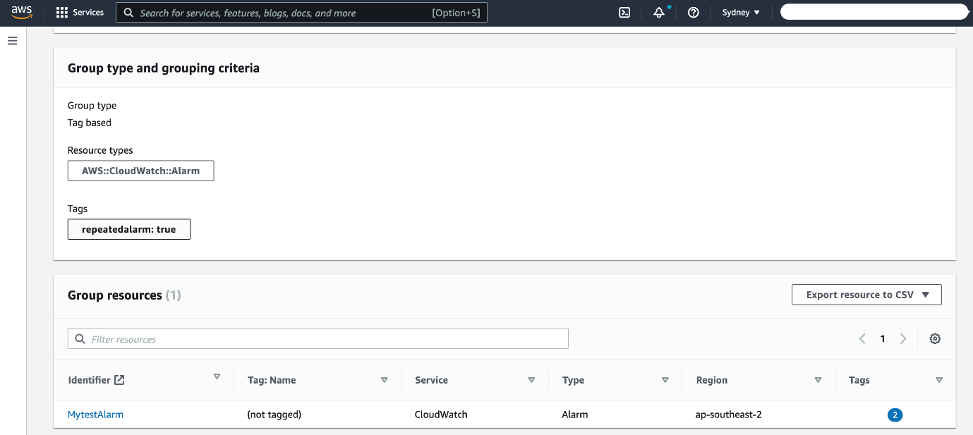 You can see the details of the “repeatedAlarmsGroup” and a list of CloudWatch alarms in this region which has the repeated notification tag