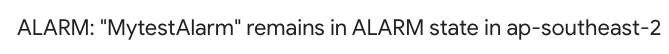 Repeated alarm notification has a subject of “ALARM: <alarm-name> remains in ALARM state in <region>”