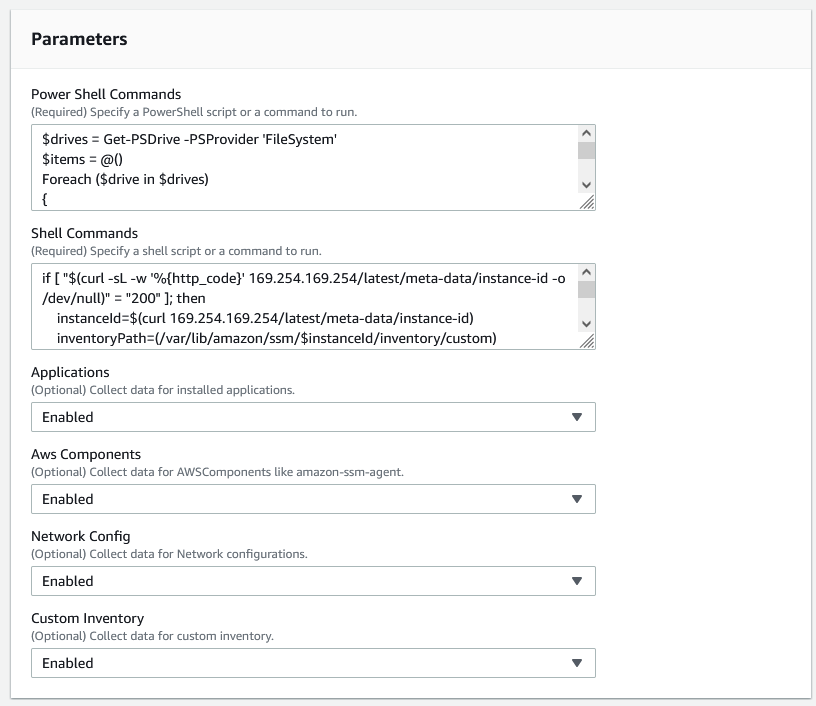 Create association parameters section to specify PowerShell and Shell commands.