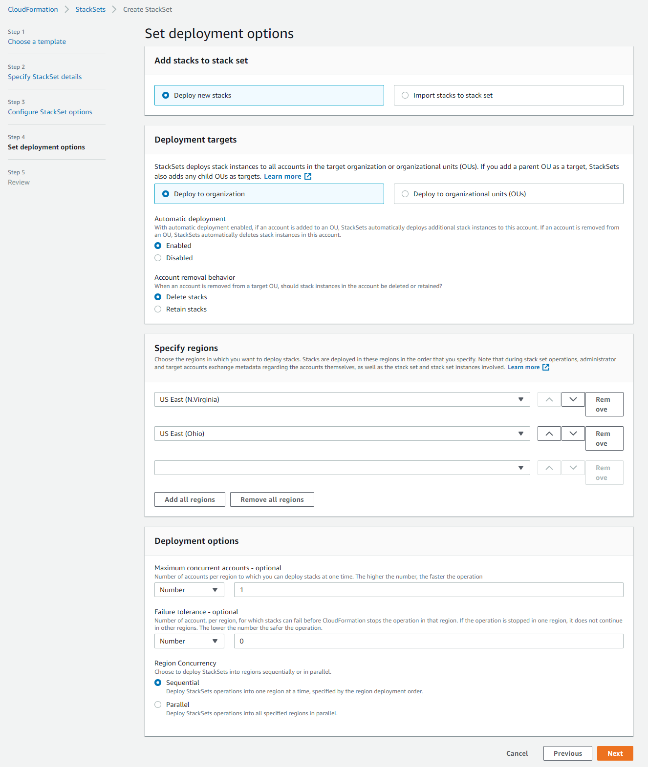 Set deployment options page in the CloudFormation console with deployment configured to target the organization and two regions.