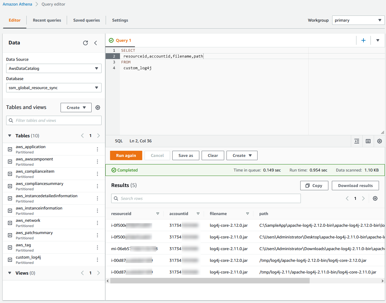 An example query in Amazon Athena to list managed nodes that have log4j JAR files.